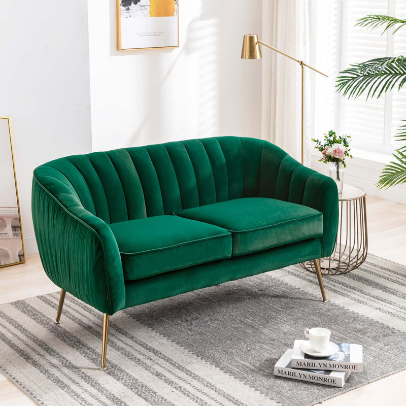 Velvet Sofa Couch With Gold Finished Legs, Green