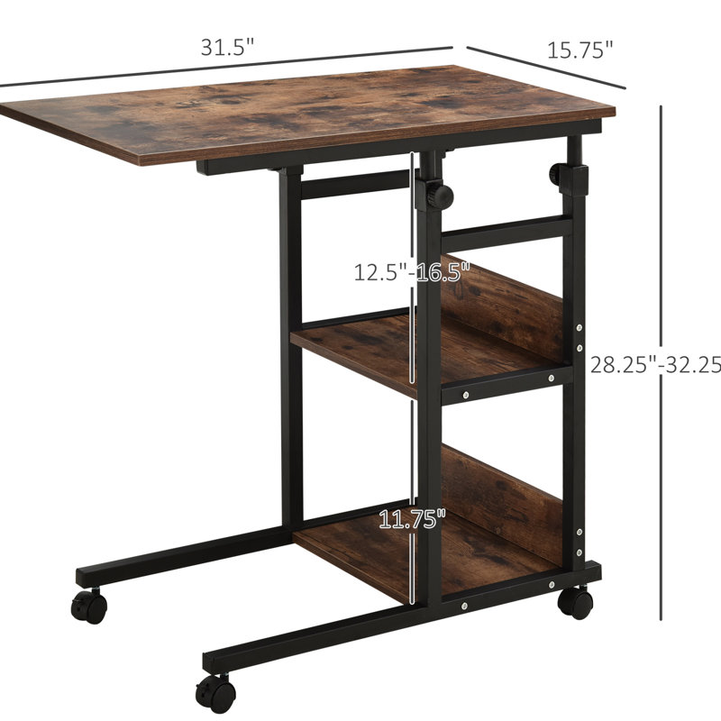 Rolling Side Table With 3 Storage And Adjustable Height, , Brown Mobile Storage, Wheels,