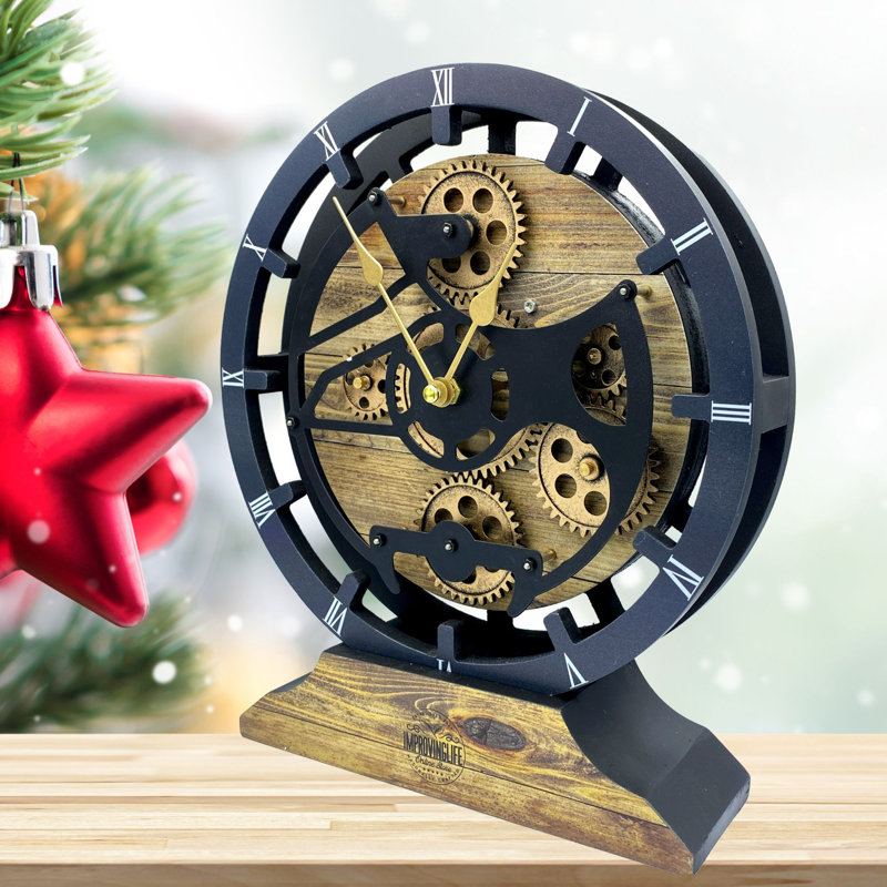 Desk wooden Clock Round 10 inches with Real Moving Gears (Transformable into a Wall Clock - detachable base) Canada Collection