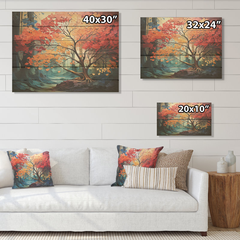 Expressionist Vibrance Of Raimbow Tree I - Tree Redwood Wood Art On Natural Pine Wood, 30" H x 40" W