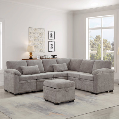Canapé modulaire en chenille en L 97 po avec canapé-lit et repose-pieds de rangement 97 po - 7 sièges + 2 coussins (gris)