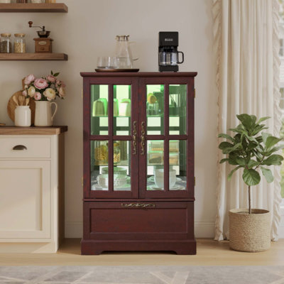 Vitrine avec bande lumineuse RVB en couleur et tiroir rabattable, bibliothèque de rangement autoportante pour la salle à manger, le salon, la chambre à coucher et le vestibule