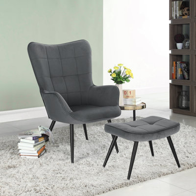 Nevin Velvet Accent Chair with Footstool
