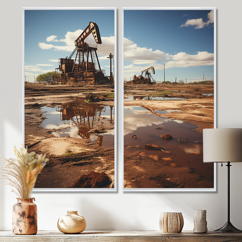 Photographie de champ de pétrole du Texas - art mural beige, H 20 po x l 24 po, Reproduction encadrée sans passe-partout