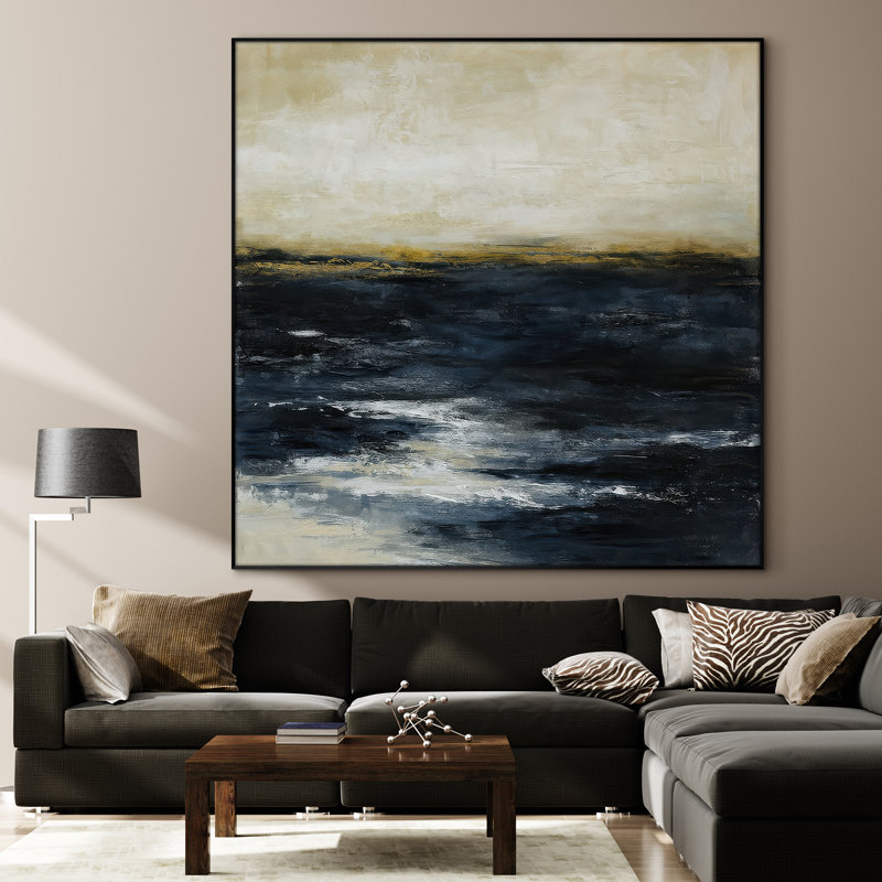 Très grand art marin abstrait abstrait - Décoration murale contemporaine texturée bleu foncé, crème et or pour le salon ou la chambre à coucher, Très grand art abstrait marin abstrait - Décoration murale contemporaine texturé bleu foncé, crème et or pour le salon ou la chambre à coucher