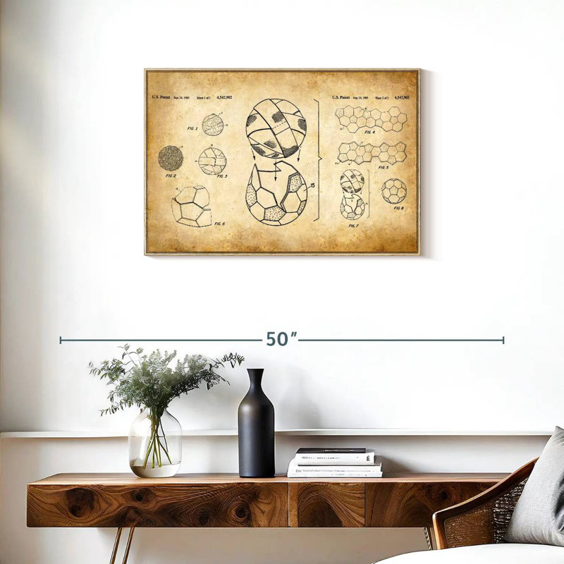 Ballon de soccer - brevet de 1985, Cadre flottant en bois naturel, 31 po x 21 po