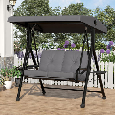 Balancelle d'extérieur 2 places avec auvent Balancelle de véranda 2 en 1 avec porte-gobelets Coussins amovibles épaissis Cadre en acier résistant aux intempéries pour la véranda de jardin