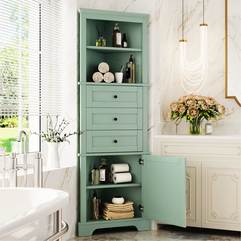Tall Corner Cabinet With 3 Drawers And Adjustable Shelf For Home Interior Shelves Use, Green