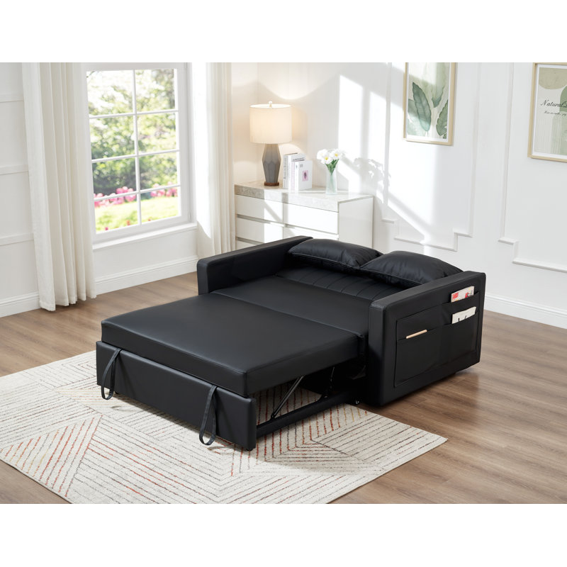 Petit canapé-lit coulissant en cuir de 55 po avec dossier ajustable et 2 coussins moelleux, Noir