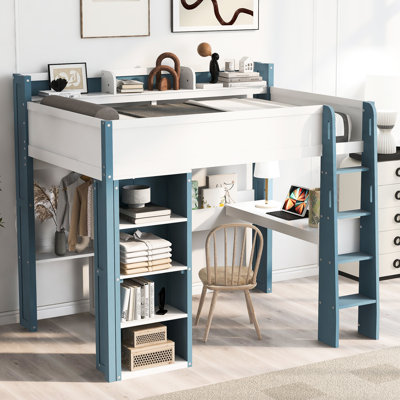 Lit mezzanine double en bois blanc et bleu avec tringle à vêtements et tablettes de rangement - Esthétique moderne, sommeil sécuritaire, garde-robe facile à assembler, tablettes réglables, bureau d'étude robuste, multi