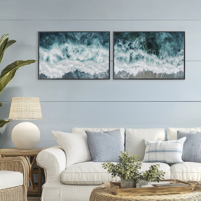 Ensemble de 2 giclées encadrées Hazy Water Waves, design par Lazar Studio, H 20 po x l 60 po, Giclée encadrée noir minuit