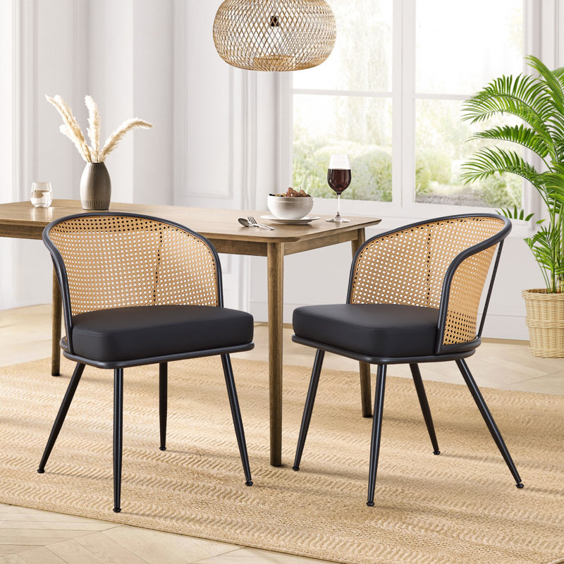 19.3" H PU Leather Fabric Upholstered Modern Dining Chairs With Cane Back and Black Metal Frame, Black, 2