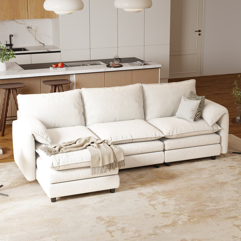 Canapé modulaire en velours 108 po à 3 places avec repose-pieds profond et repose-pieds l 108 po, Velours blanc