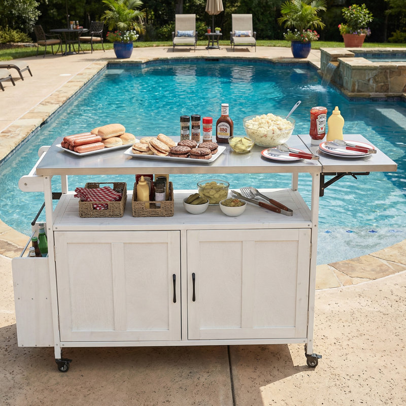 Foldable Outdoor Kitchen Island Patio Mobile Kitchen Cart Portable Outdoor Cooking Island For Patio And Outdoor, White