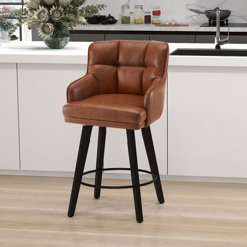 26''H Upholstered 360°Swivel Counter Height Bar Stools, Wood Legs Kitchen Island Chairs, Brown, 1