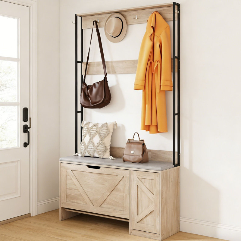 38.58"W Entryway Hall Tree with Bench, Shoe Storage Cabinet & Hooks, Coat Rack Organizer, Natural