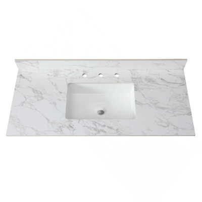 49"X22"Bathroom Vanity Top,Sintered Stone Carra White   Barthroom Vanity Sink Tops With Rectangular Undermount Ceramic Sink With Vanity Backsplash, Three Faucet Hole