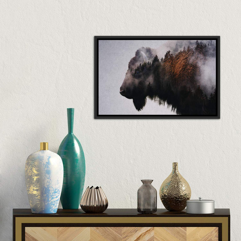" Bison " by Andreas Lie, Distressed Black Frame, 18" H x 26" W x 1.5" D