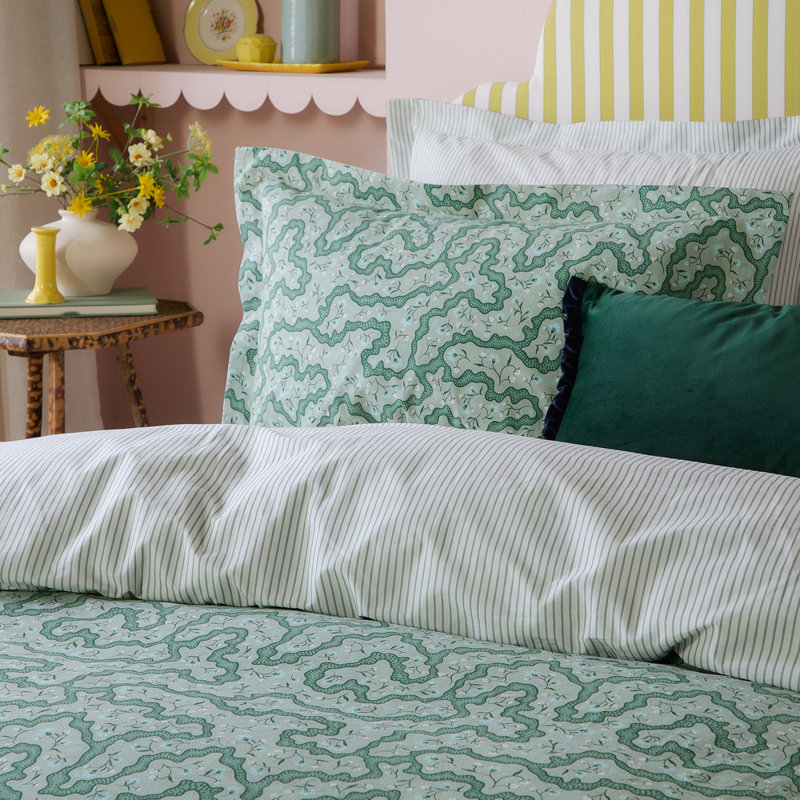 Brianna Cotton Striped Duvet Cover Set with Pillowcases Included, Tarragon Green, Double Duvet Cover + 2 Standard Pillowcases