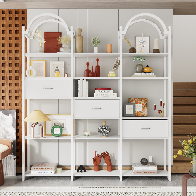 83.5"Tall Arched Bookcases And Bookshelves Triple Wide 6 Tiers Industrial Bookshelf, Etagere Bookcase With 3 Drawers Storage, Bookshelf With Metal Frame For Living Room Bedroom Home Office