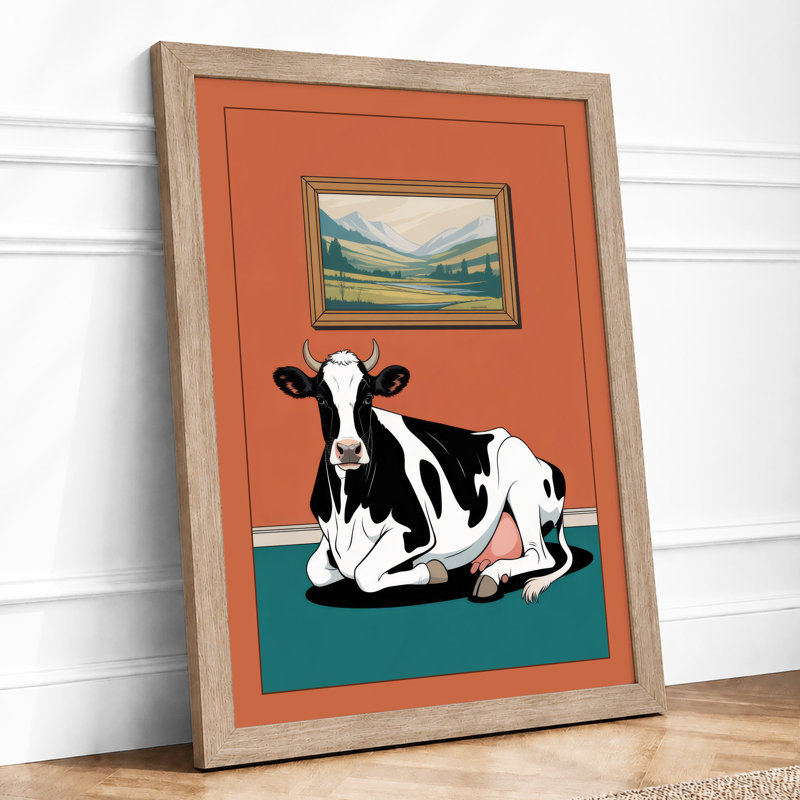 Resting Cow Indoors Modern - Framed Print, A4 - 29.7 x 21.0 cm, Oak