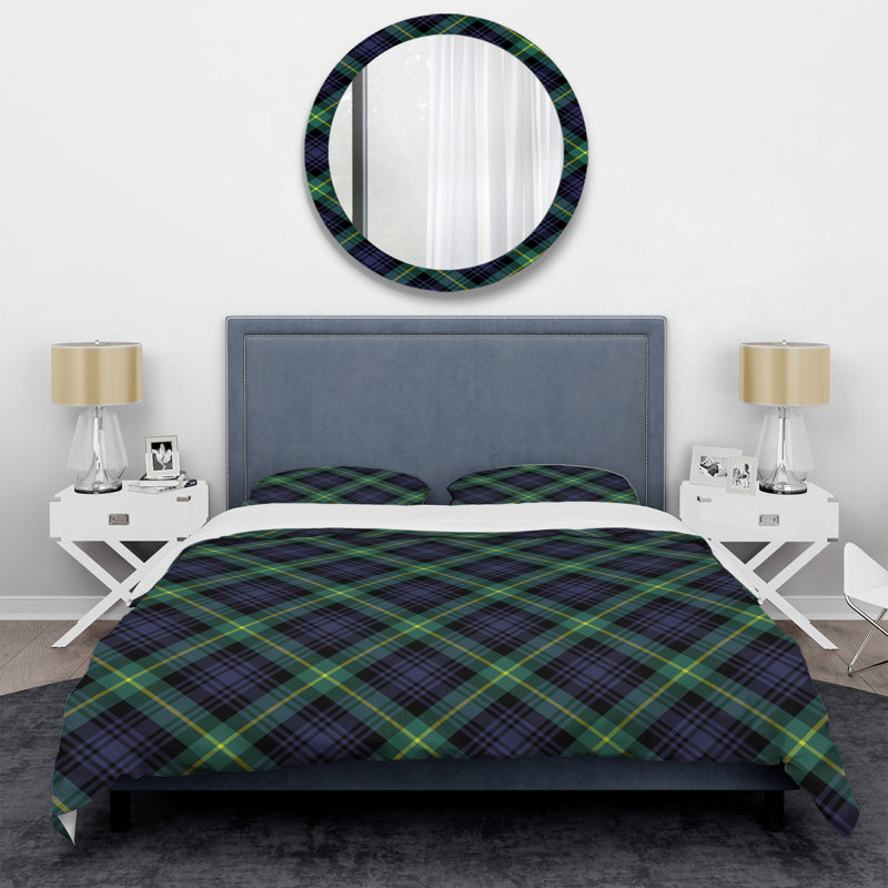 Tartan à carreaux bleu et vert - Ensemble de housse de couette abstrait - Microfibre de polyester