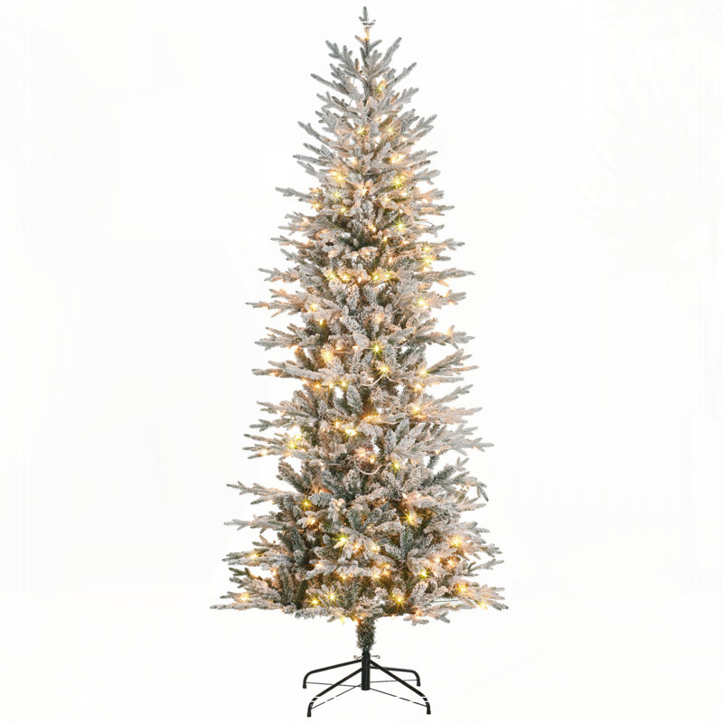 Décoration de Noël artificielle haute 7,5 pi avec 850 branches floquées par la neige et 350 lumières claires jaunes chaudes