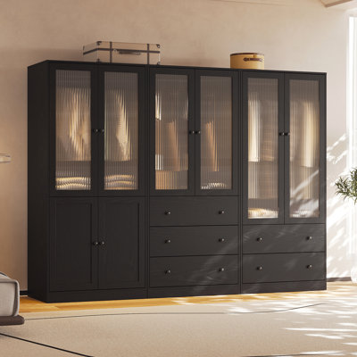 20"D x 94.5"W x 71"H Modern Armoire With Soft-Close Doors — Fluted Glass Wardrobe Closet With Shelves & Drawers