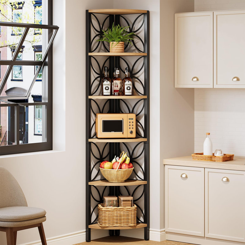Étagère d'angle de 71 po de hauteur à 6 niveaux, bibliothèque en bois rustique et métal noir avec cadre floral, support de rangement triangulaire autoportant pour salon, chambre à coucher et salle de bain