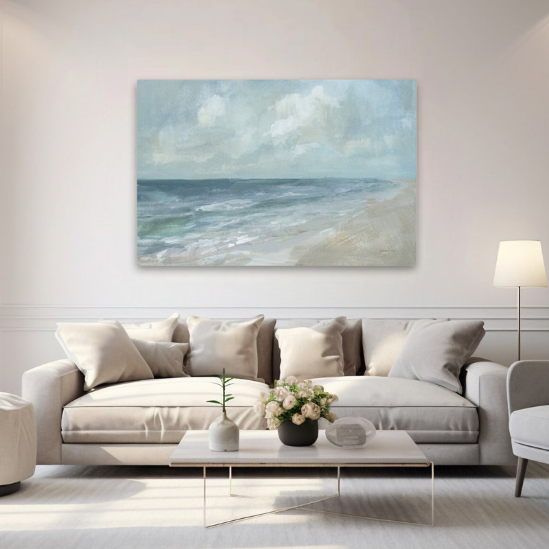 Calm Beach contemporain abstrait bleu blanc plage beige, H 60 po x l 40 po