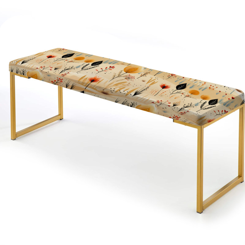 Beige Meadow Flowers Boho Pattern - Floral Upholstered Gold Bench