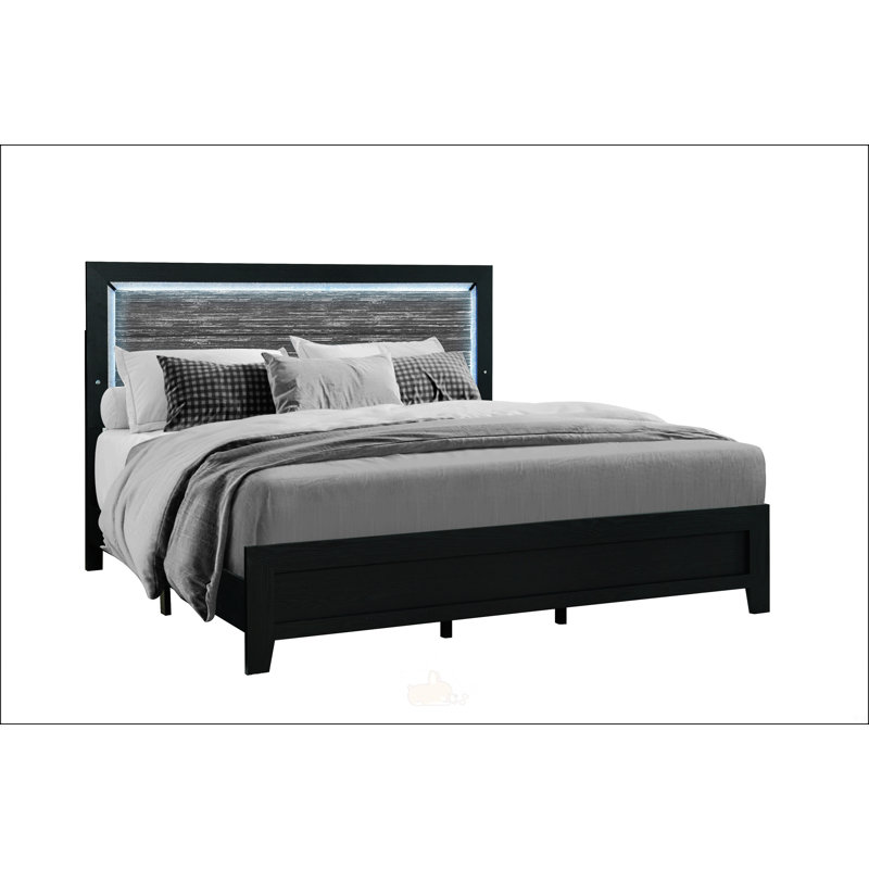 Grand lit noir avec DEL, Bois massif / bois manufacturé, Noir, Grand lit