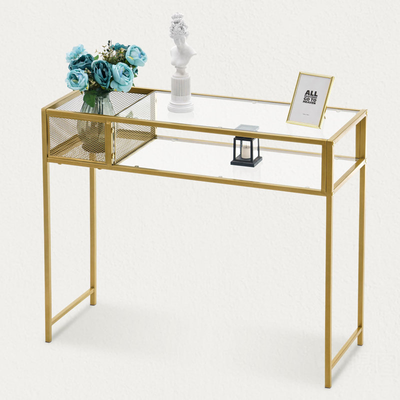 Maddyson 43'' Narrow Console Table with Glass Shelves and Gold Metal Frame
