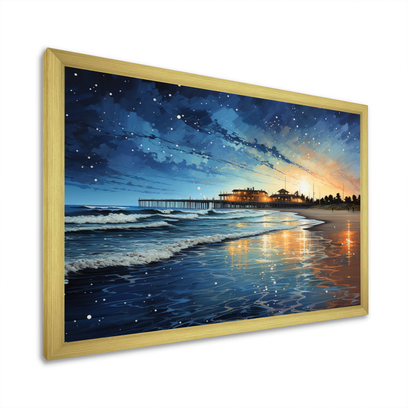 Singita Beach Pier Reflections Pointillism I, Encadrement doré, H 16 po x l 32 po x P 1 po
