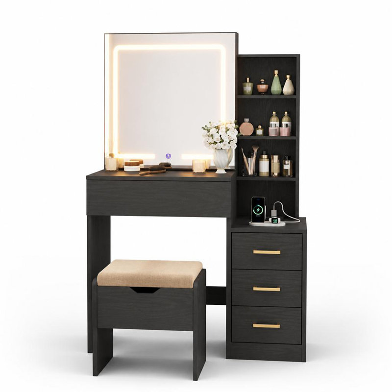 Coiffeuse avec miroir coulissant, éclairage DEL tricolore, 4 tiroirs, tablettes de rangement, prise électrique et tabouret.