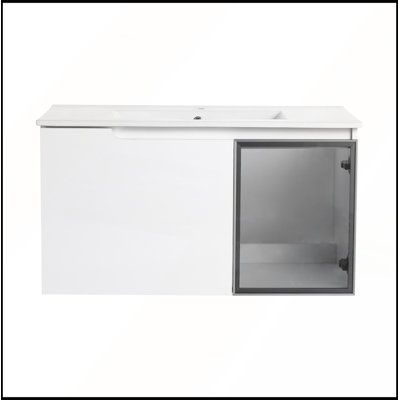 Meuble-lavabo mural 36 po avec lavabo en céramique, portes à fermeture en douceur, blanc brillant et verre gris