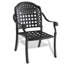 Ensemble de 4 chaises de jardin en aluminium moulé, structure noire, coussins bleus, design traditionnel à motifs rectangulaires, revêtement haute température, assise confortable, empilables, résistantes aux intempéries et au soleil.