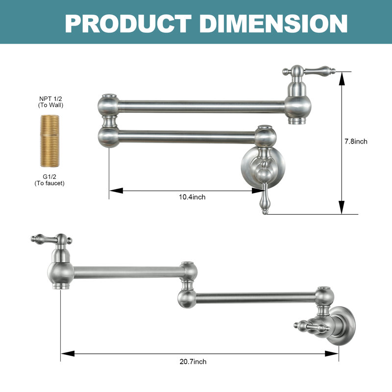 Brass Wall Mount Pot Filler with 2-Aerators and Brass Valve, Double Handle Kitchen Faucet, Brushed Nickel