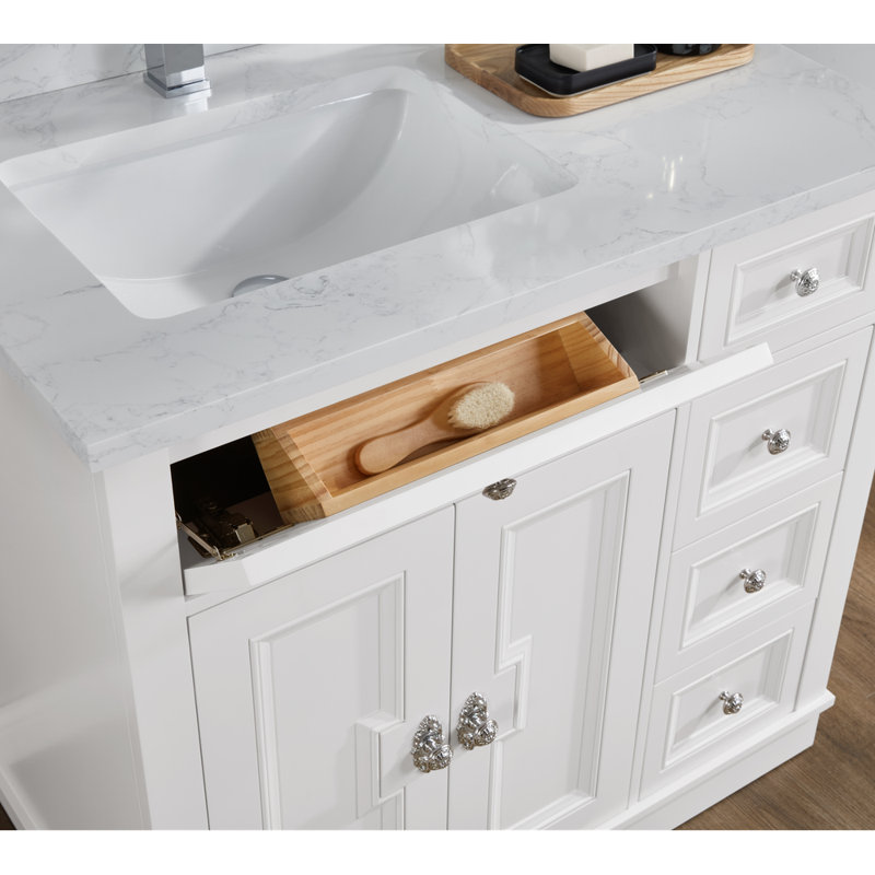 36" Solid Wood Sink Vanity  With 1' Artificial Stone Top, White, Polished Chrome