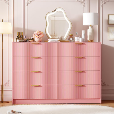 Pink 54" Wide Fluted 8-Drawer Dresser – Double Chest with Gold Handles, Large TV Stand & Versatile Storage for Living Room, Bedroom, Hallway