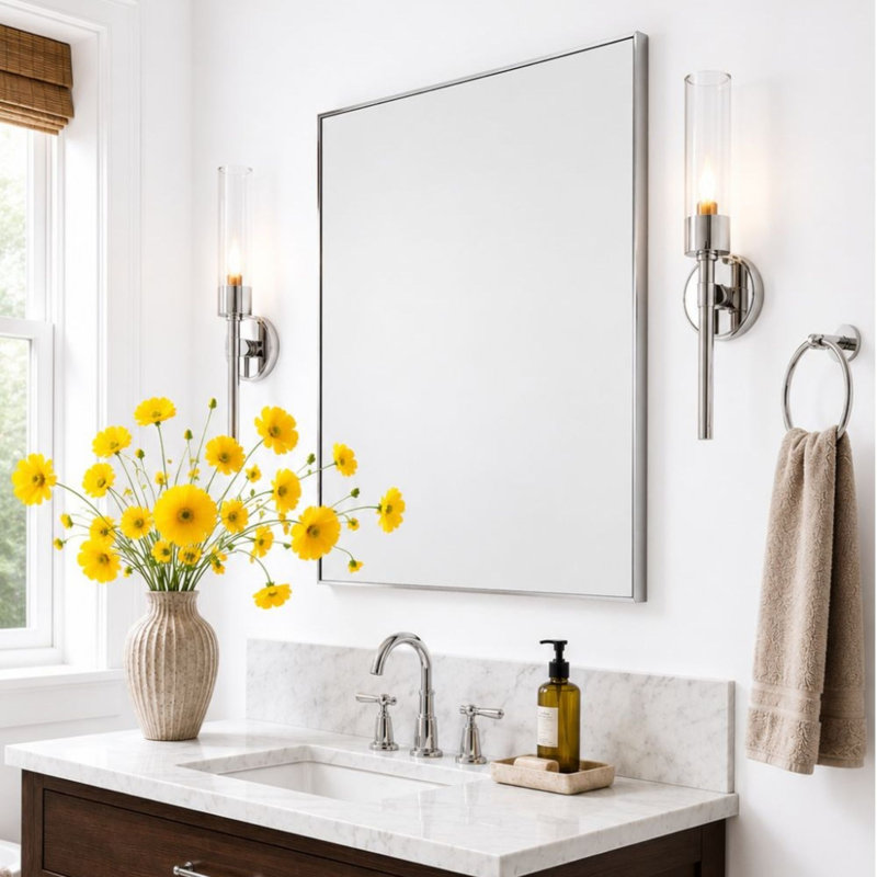 Miroir de salle de bain carré Lilian, miroir mural carré chromé, 76 x 76 cm (30 x 30 pouces), 30 po x 30 po, Chrome chrome