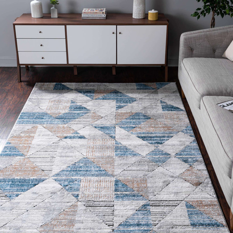  Tapis géométrique beige / bleu, Rectangulaire 8 pi x 11 pi