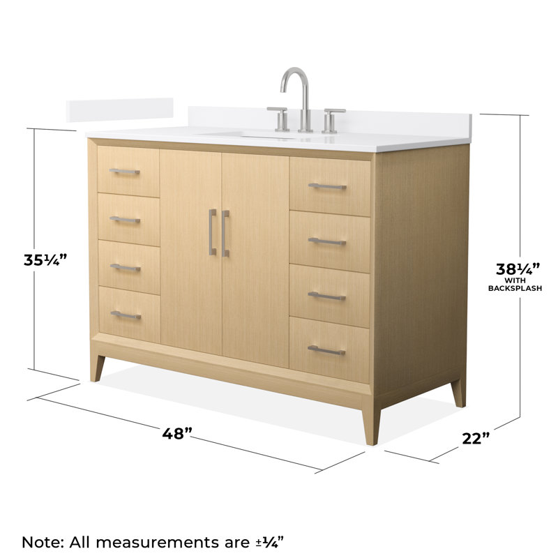 Janna 48" Freestanding Single Bathroom Vanity with Quartz Top, Brushed Nickel, White Quartz, 8" Centers