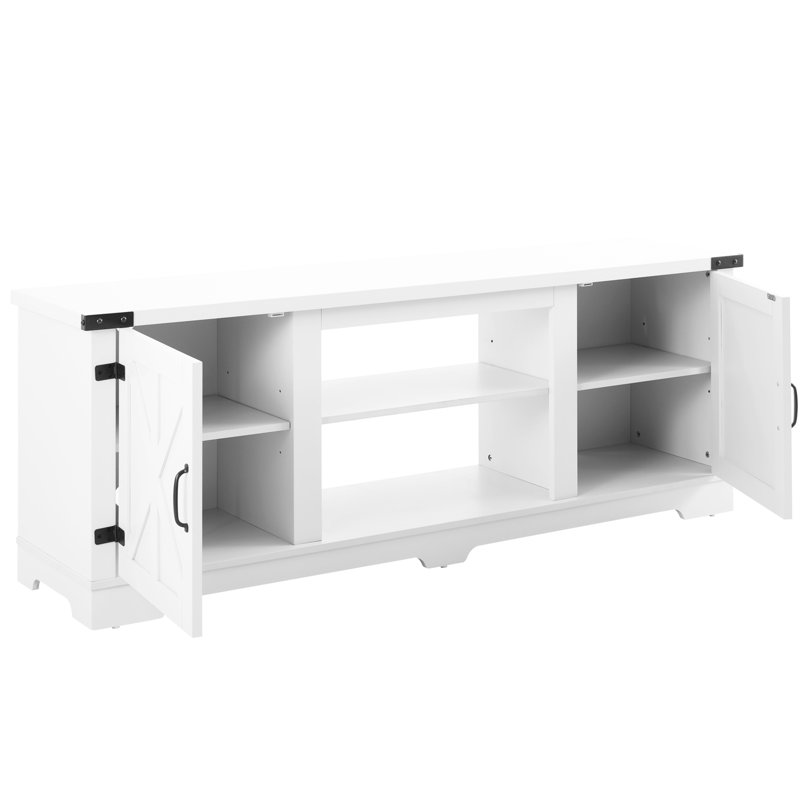 Grande console de télévision au design moderne, pour téléviseur de 70 po, blanc, unité de rangement fonctionnelle inspirée, pouvant accueillir