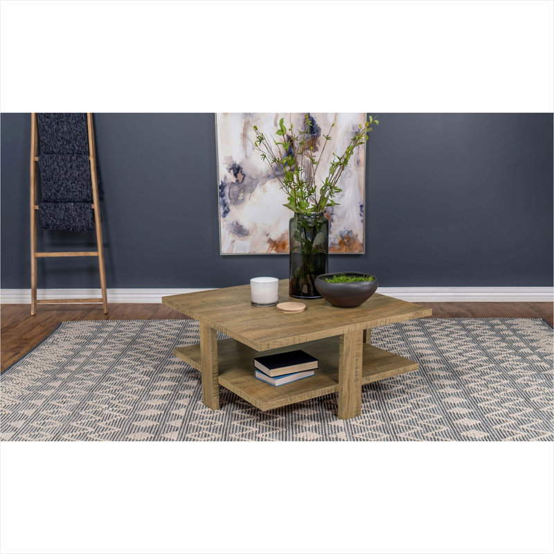 Table basse rustique carrée avec rangement à deux niveaux, finition classique en bois de manguier brun