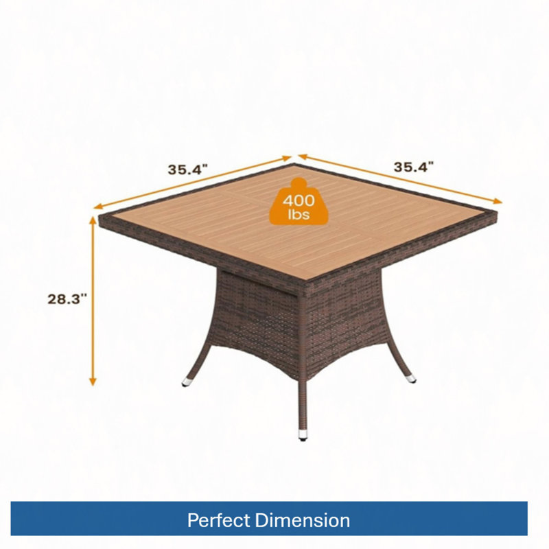 1-Piece All-Weather Square Rattan Patio Dining Table With Acacia Wood, Brown