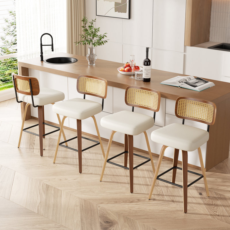 Stylish Swivel Counter Stool With Soft Upholstered Rattan Back, Beige, 4