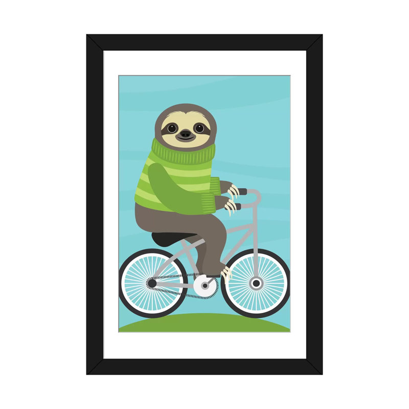 «Cycling Sloth», art sur toile, Papier d'art encadré noir, Blanc, H 32 po x l 24 po x P 1 po
