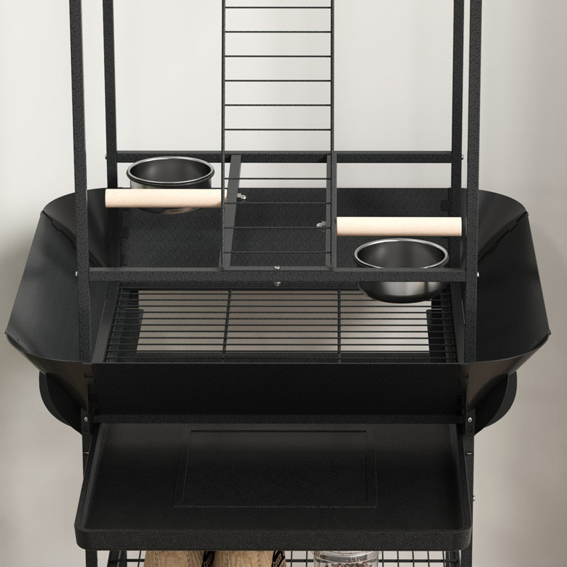 Porte-oiseau gris foncé pour petits perroquets - roues, bols en acier inoxydable, plateau coulissant, support, perroquet durable avec perchoirs multifonctionnels, pratique