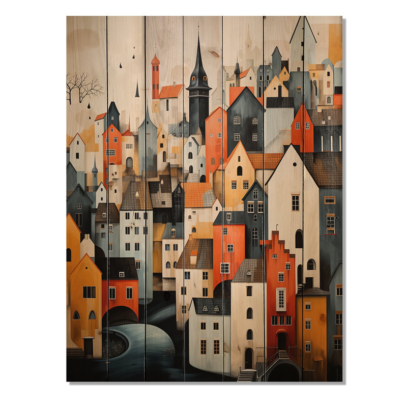 Danemark, toits écarlates, collage III sur bois, H 32 po x l 24 po x P 0,78 po